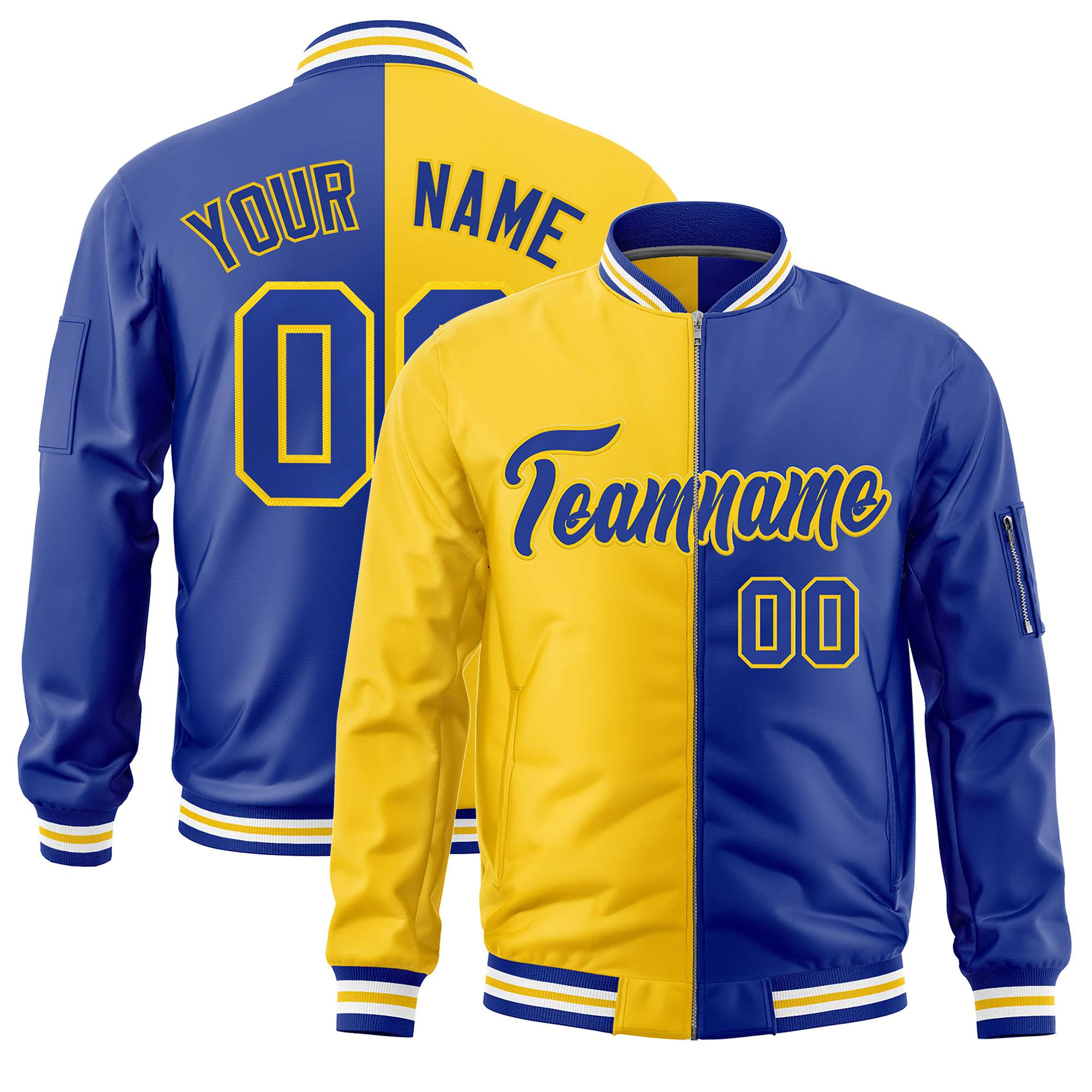 Custom Gold Royal Split Varsity Full-Zip Two Tone Letterman Bomber Jacket