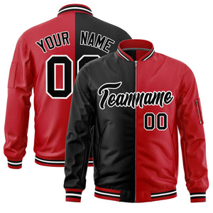 Custom Black Red Split Varsity Full-Zip Two Tone Letterman Bomber Jacket