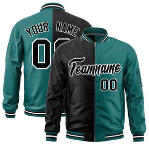 Custom Black Aqua Split Varsity Full-Zip Two Tone Letterman Bomber Jacket