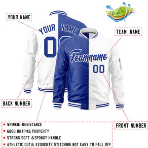 Custom Royal White Split Varsity Full-Zip Two Tone Letterman Bomber Jacket