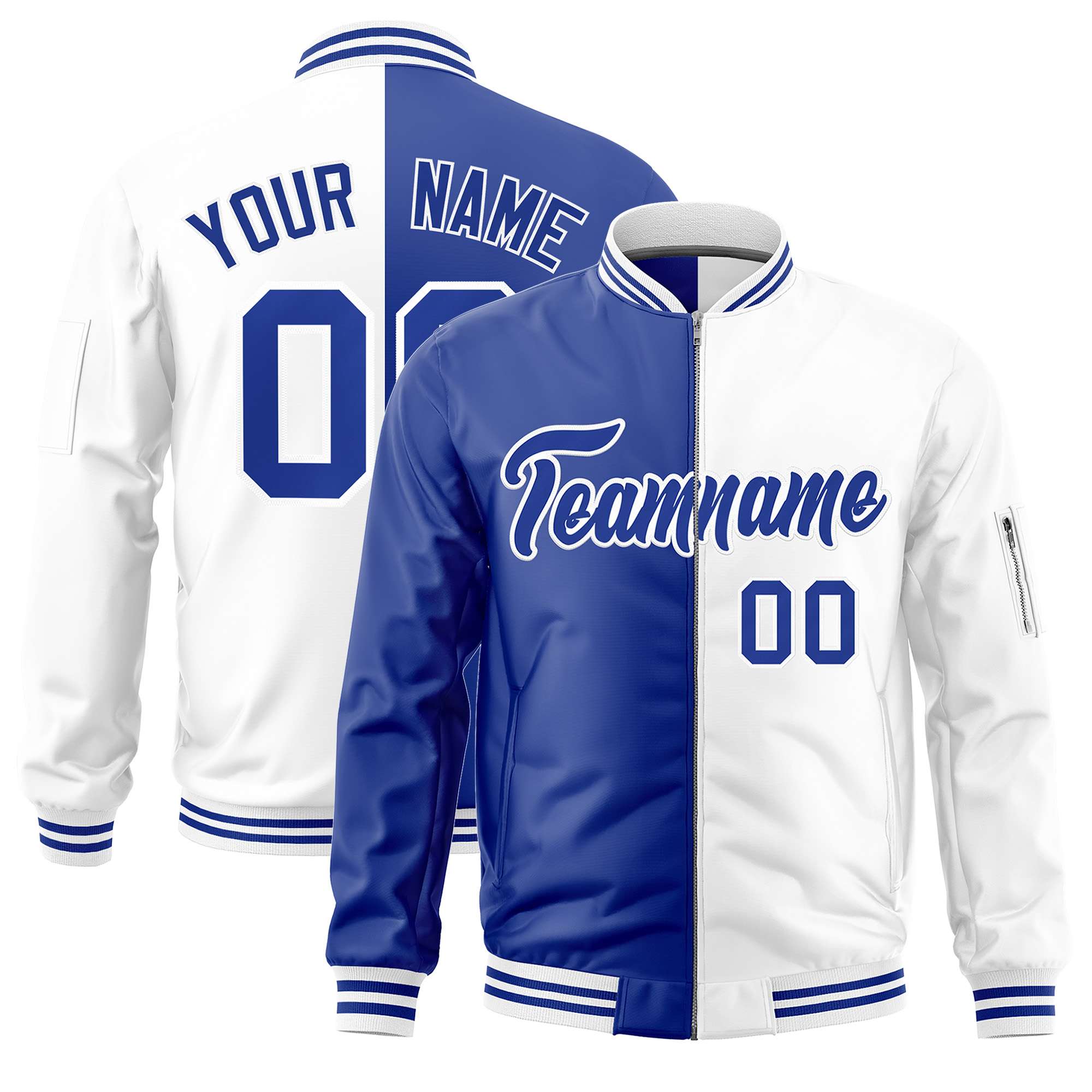 Custom Royal White Split Varsity Full-Zip Two Tone Letterman Bomber Jacket