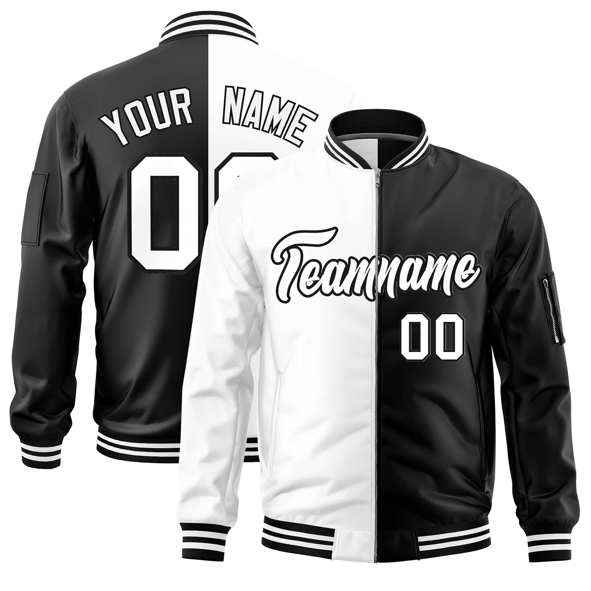 Custom White Black Split Varsity Full-Zip Two Tone Letterman Bomber Jacket