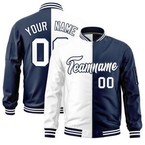 Custom White Navy Split Varsity Full-Zip Two Tone Letterman Bomber Jacket