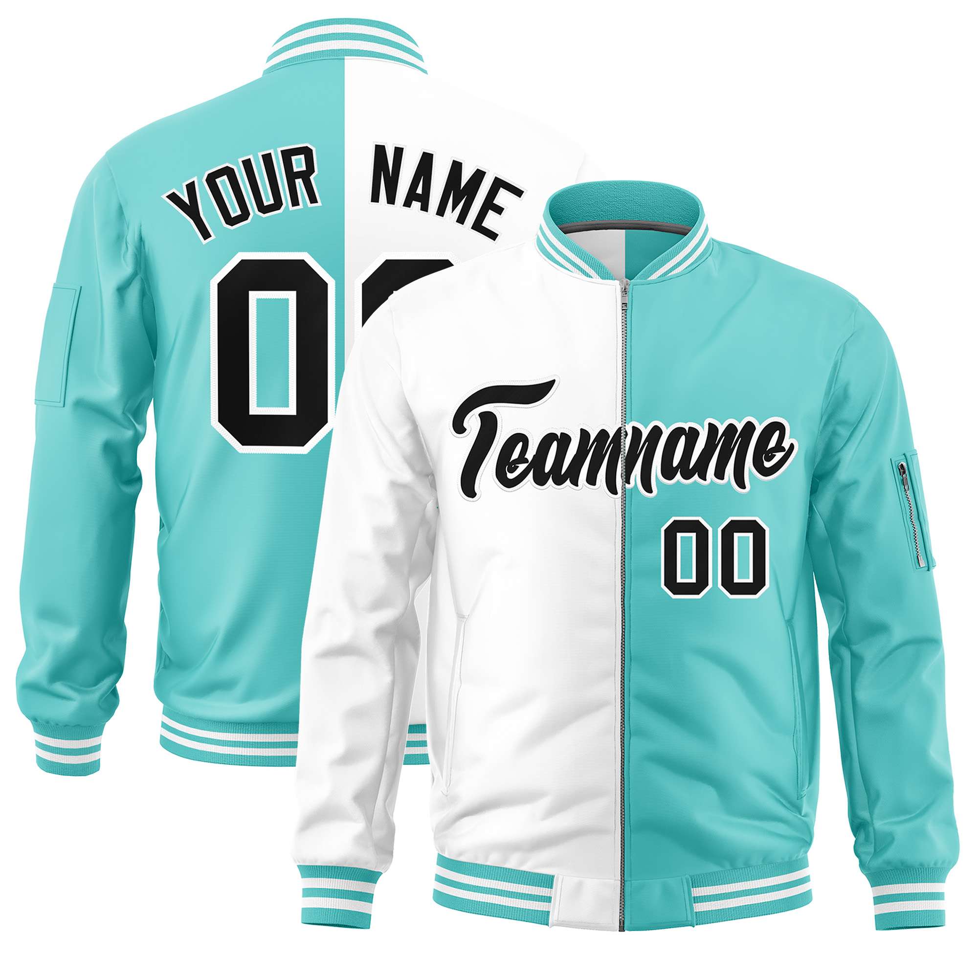 Custom White Bright Green Split Varsity Full-Zip Two Tone Letterman Bomber Jacket