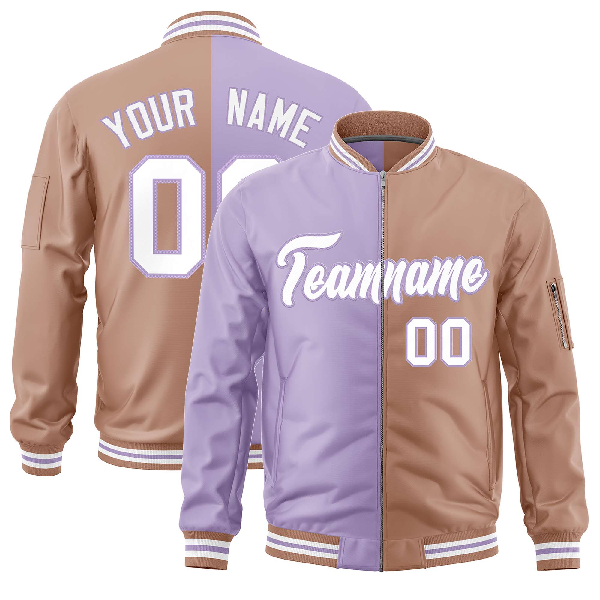 Custom Light Purple Light Brown Split Varsity Full-Zip Two Tone Letterman Bomber Jacket