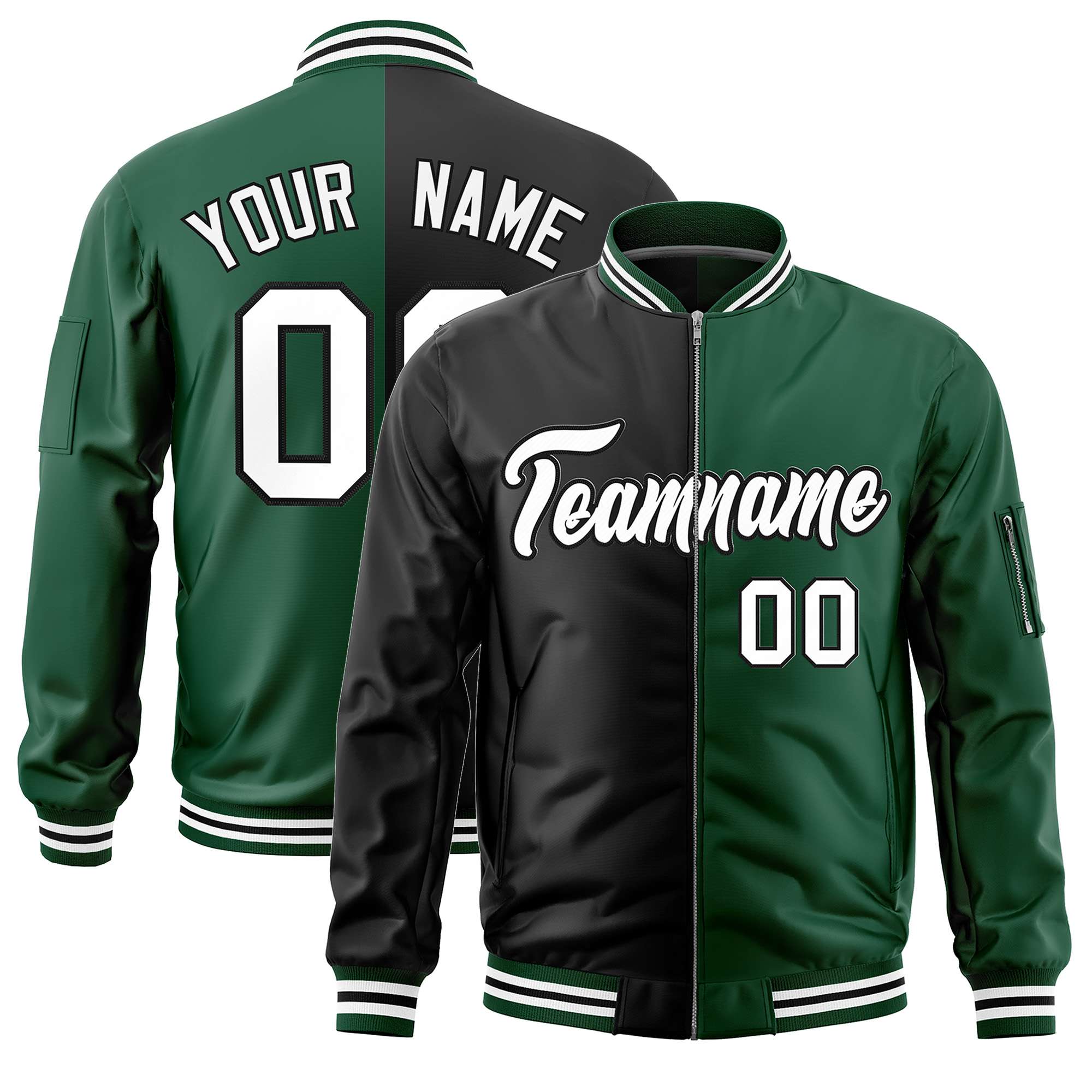 Custom Black Green Split Varsity Full-Zip Two Tone Letterman Bomber Jacket