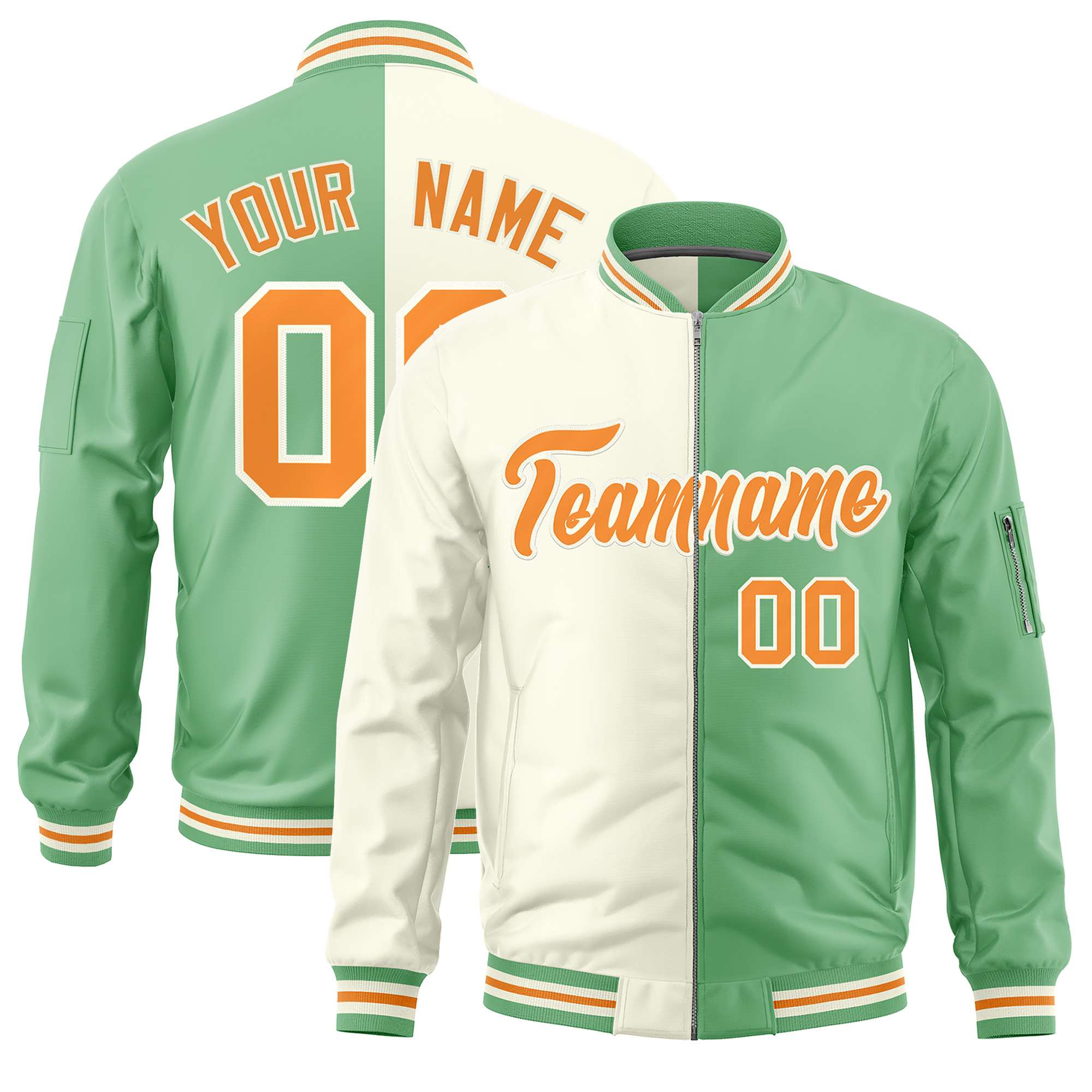 Custom Cream Light Green Split Varsity Full-Zip Two Tone Letterman Bomber Jacket