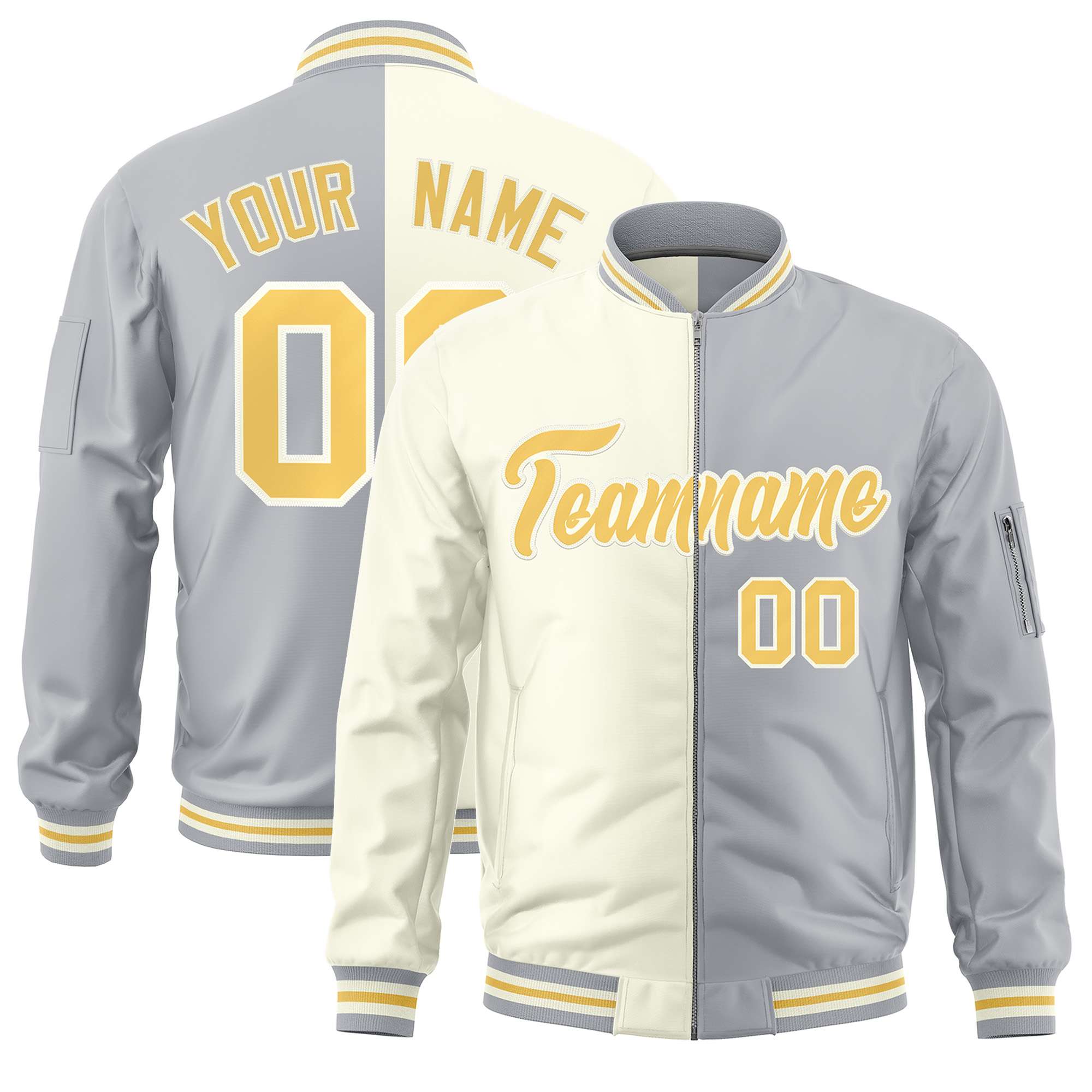 Custom Cream Gray Split Varsity Full-Zip Two Tone Letterman Bomber Jacket