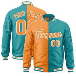 Custom Orange Aqua Split Varsity Full-Zip Two Tone Letterman Bomber Jacket