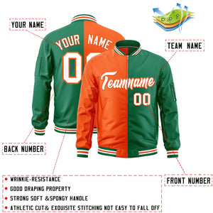 Custom Orange Kelly Green Split Varsity Full-Zip Two Tone Letterman Bomber Jacket