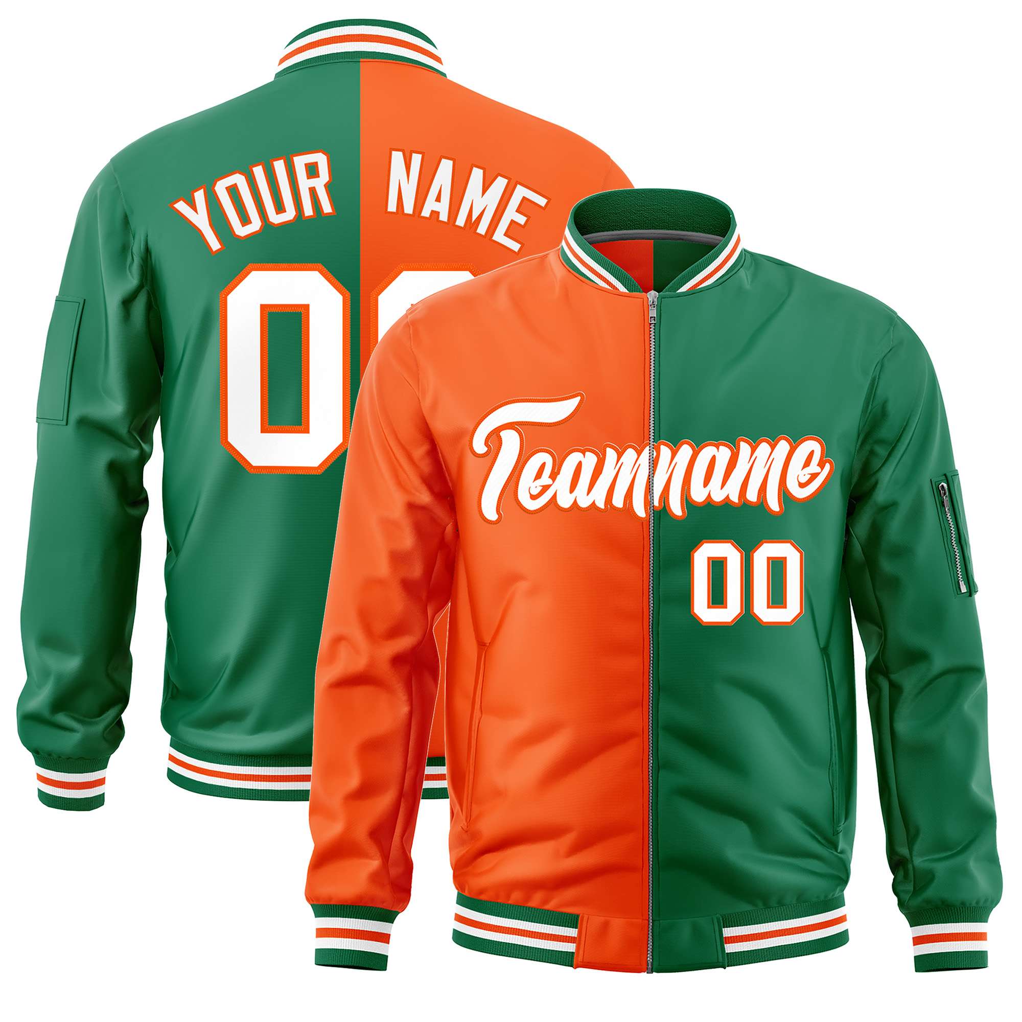 Custom Orange Kelly Green Split Varsity Full-Zip Two Tone Letterman Bomber Jacket