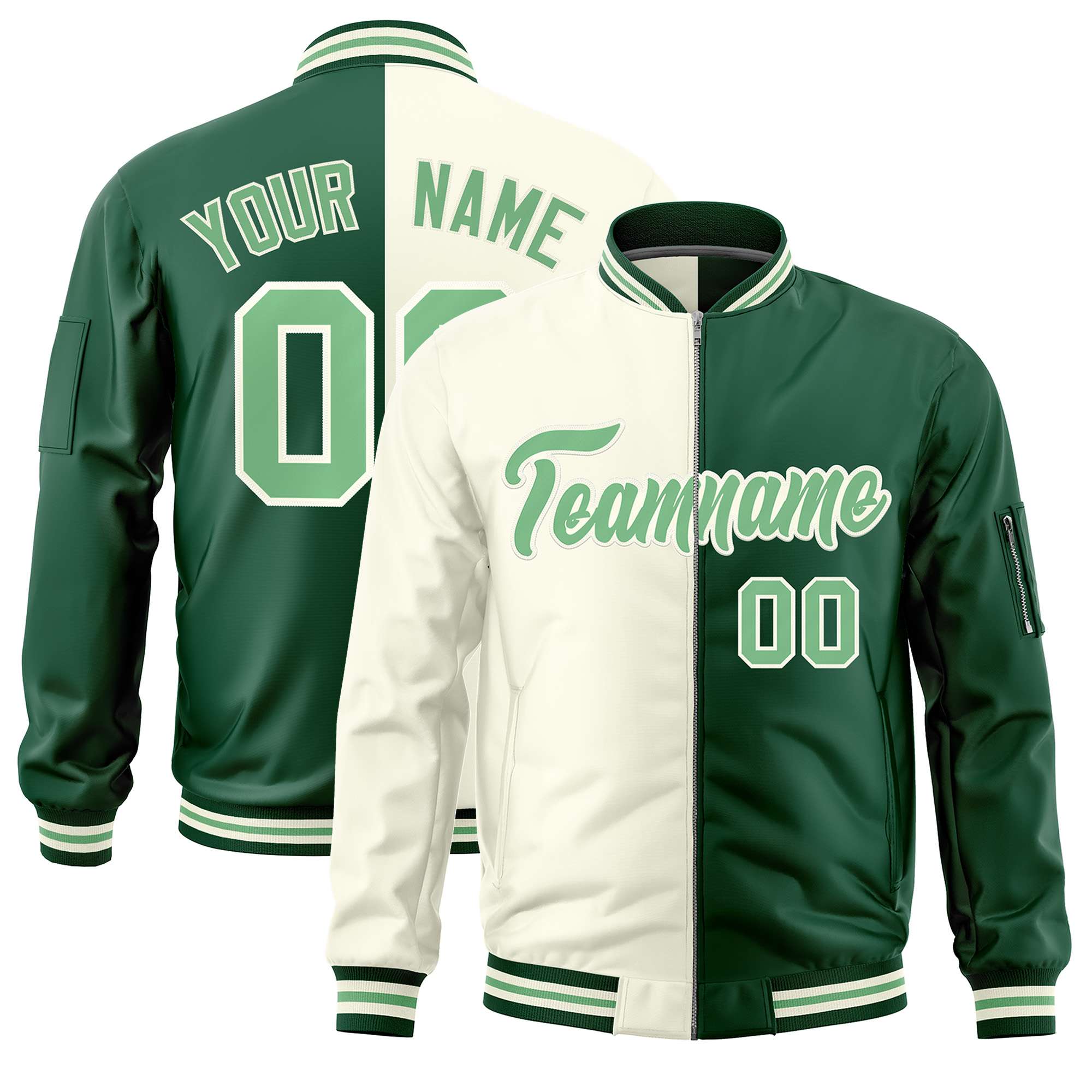 Custom Cream Green Split Varsity Full-Zip Two Tone Letterman Bomber Jacket