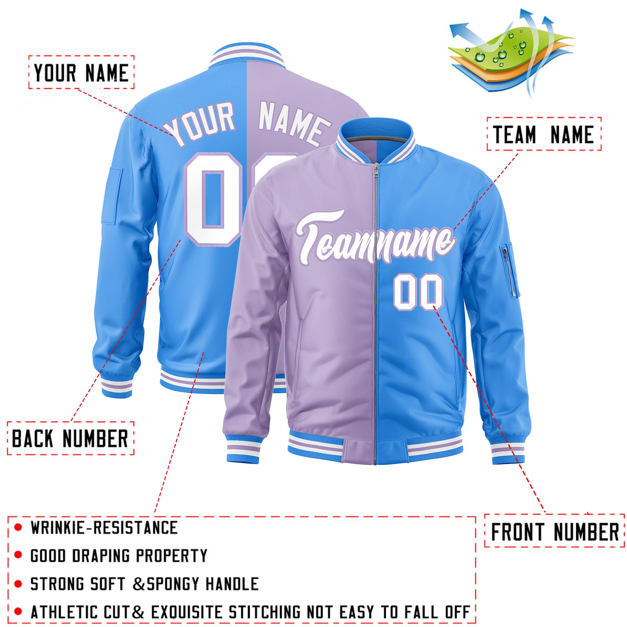 Custom Light Purple Powder Blue Split Varsity Full-Zip Two Tone Letterman Bomber Jacket