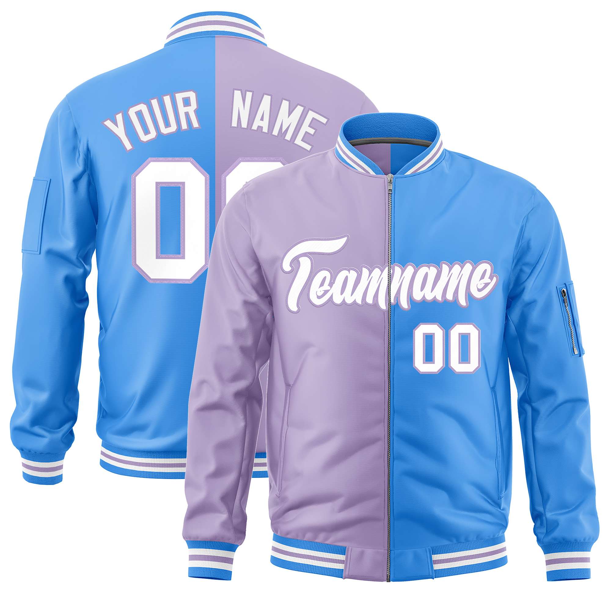 Custom Light Purple Powder Blue Split Varsity Full-Zip Two Tone Letterman Bomber Jacket