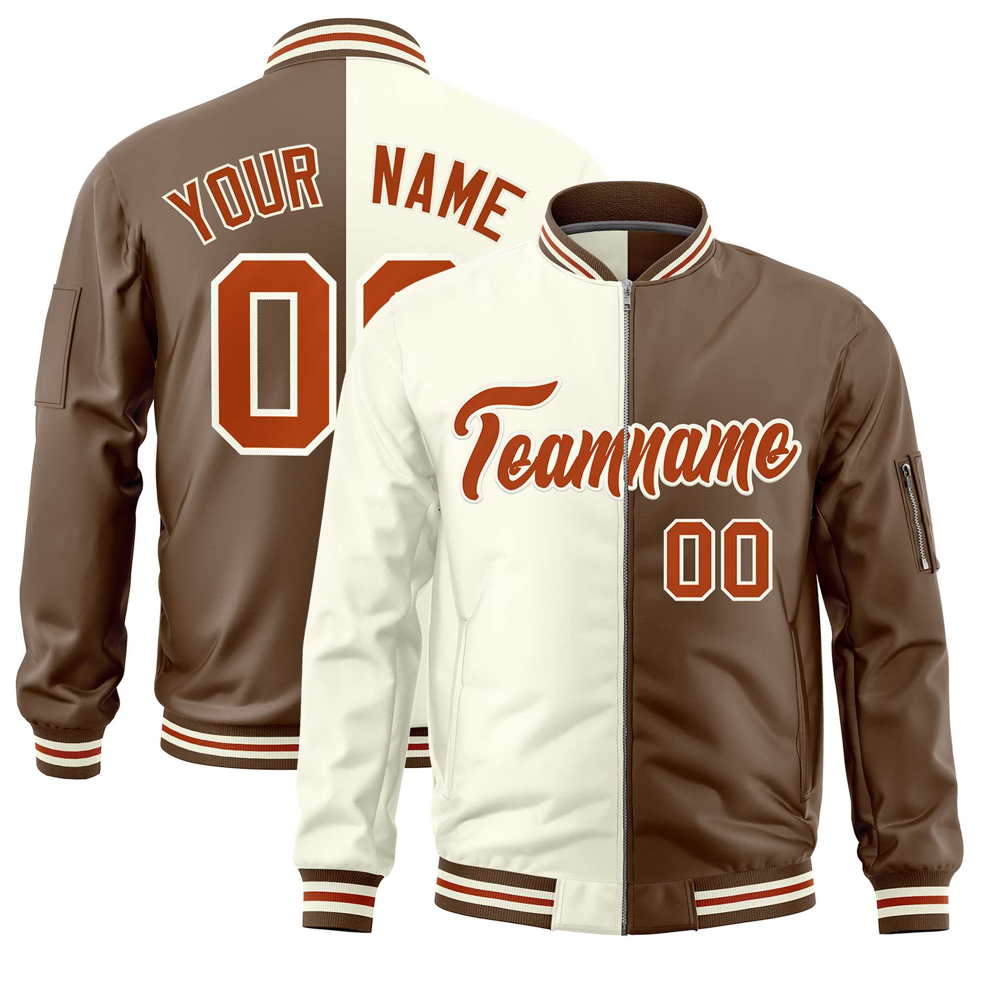 Custom Cream Light Brown Split Varsity Full-Zip Two Tone Letterman Bomber Jacket