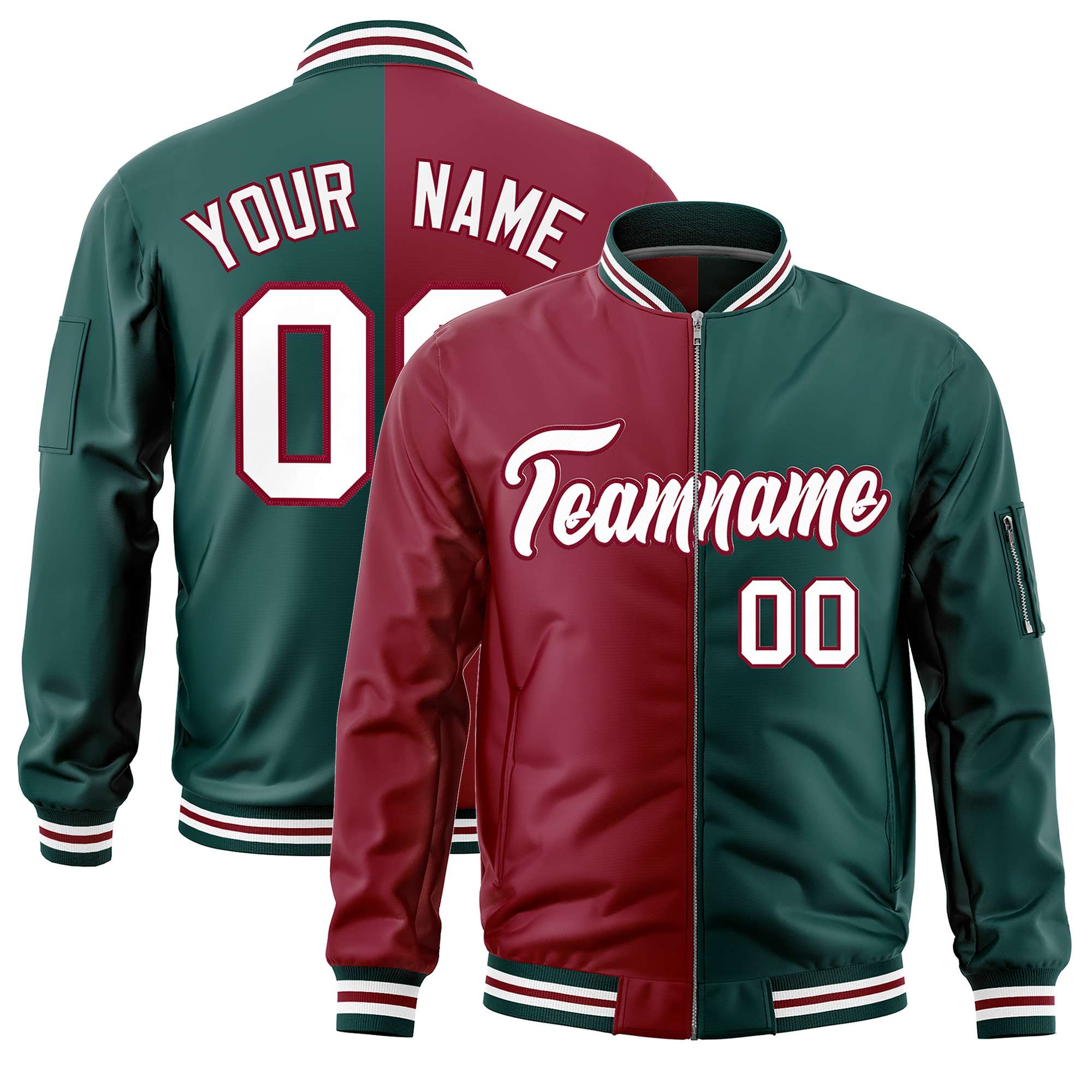 Custom Crimson Midnight Green Split Varsity Full-Zip Two Tone Letterman Bomber Jacket