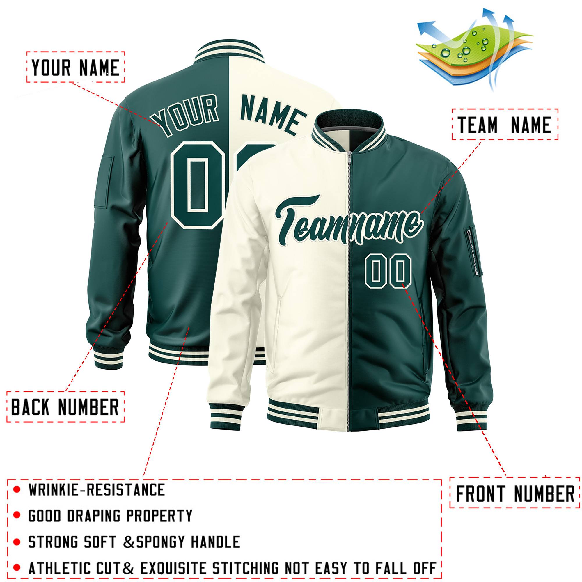 Custom Cream Midnight Green Split Varsity Full-Zip Two Tone Letterman Bomber Jacket