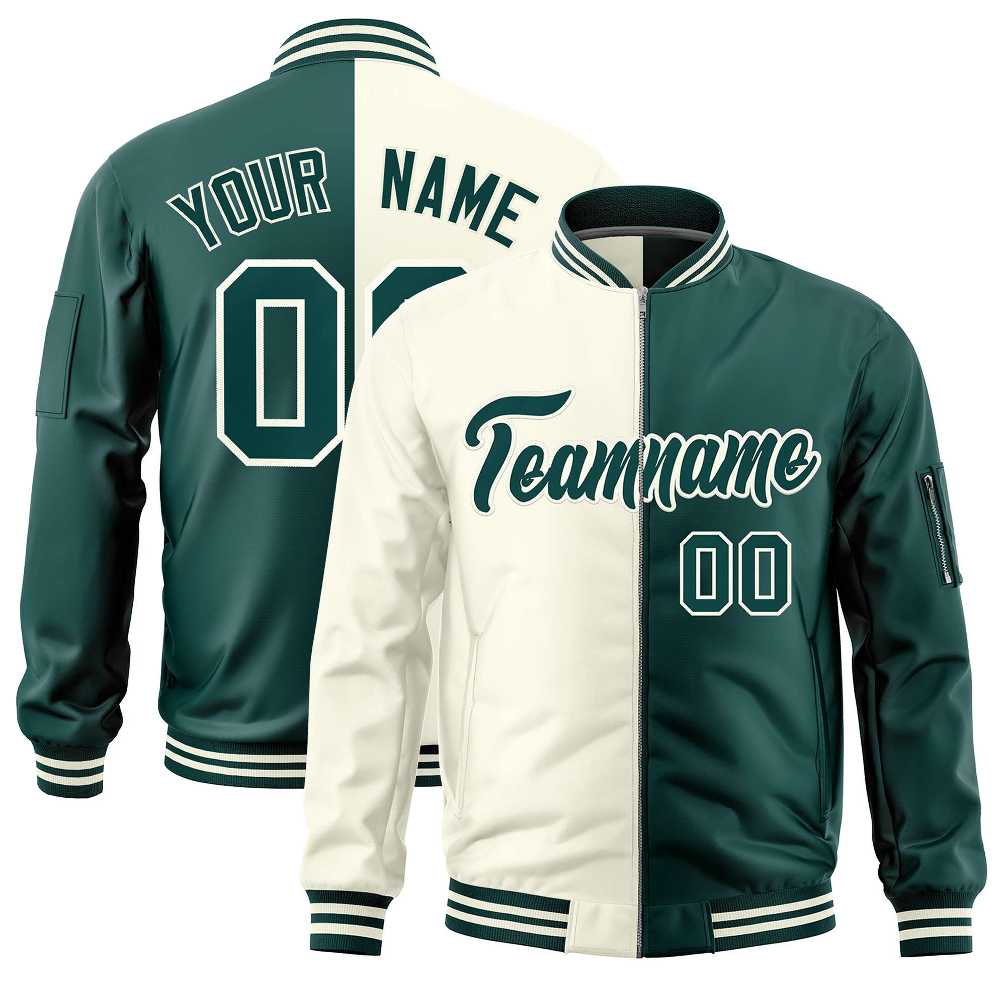 Custom Cream Midnight Green Split Varsity Full-Zip Two Tone Letterman Bomber Jacket