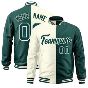 Custom Cream Midnight Green Split Varsity Full-Zip Two Tone Letterman Bomber Jacket