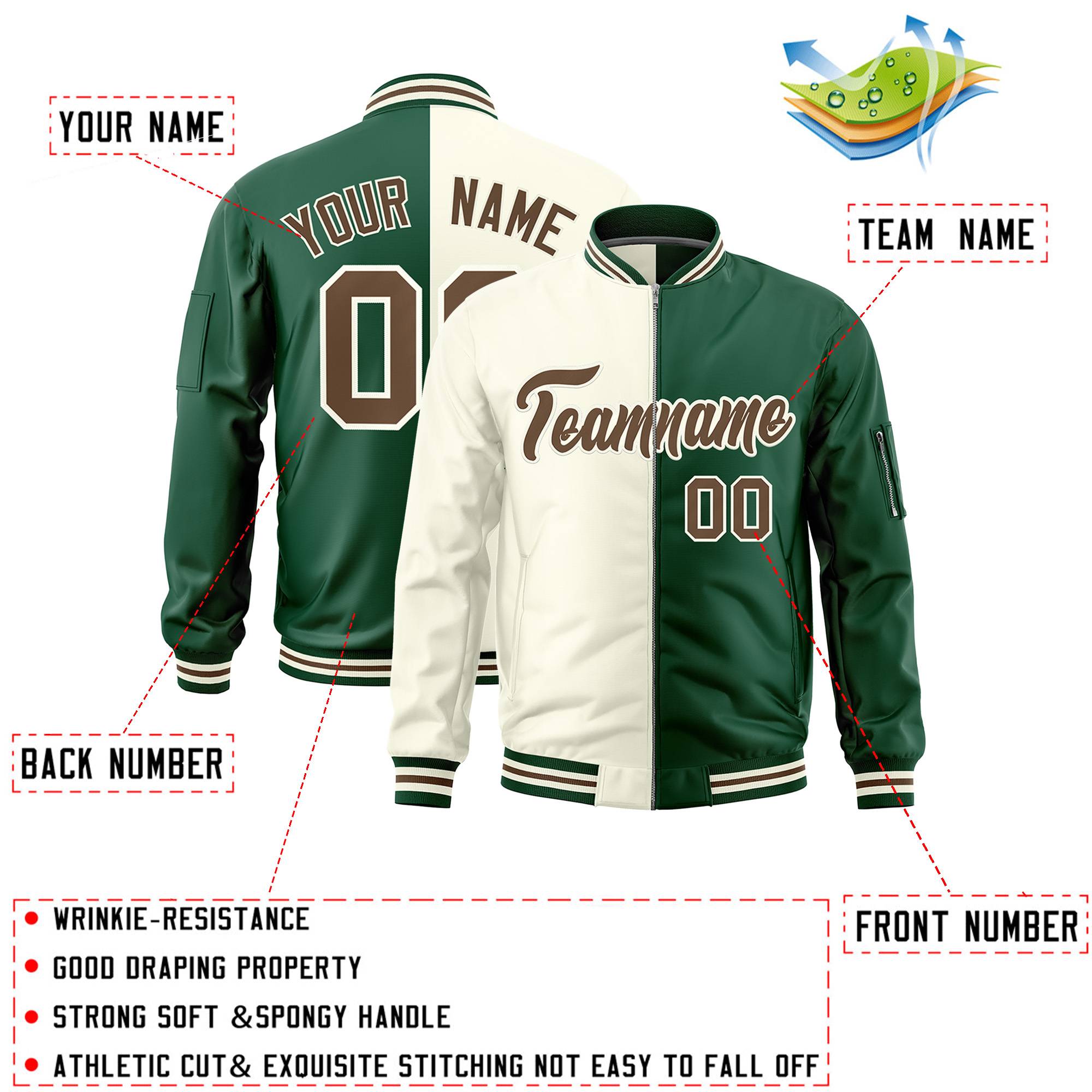 Custom Cream Green Split Varsity Full-Zip Two Tone Letterman Bomber Jacket