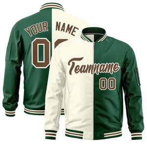 Custom Cream Green Split Varsity Full-Zip Two Tone Letterman Bomber Jacket