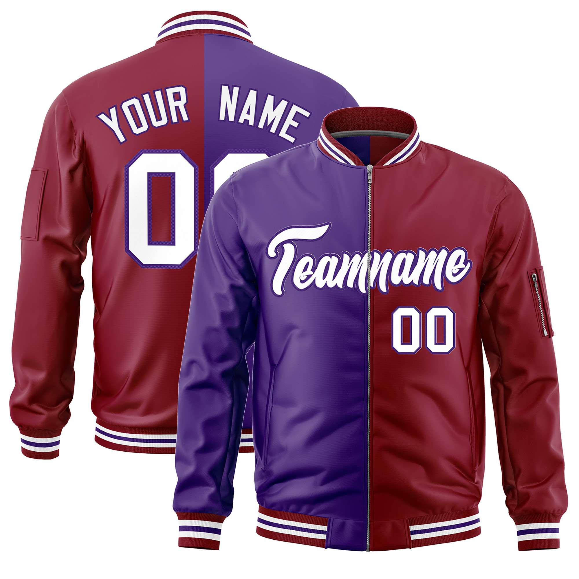 Custom Purple Crimson Split Varsity Full-Zip Two Tone Letterman Bomber Jacket