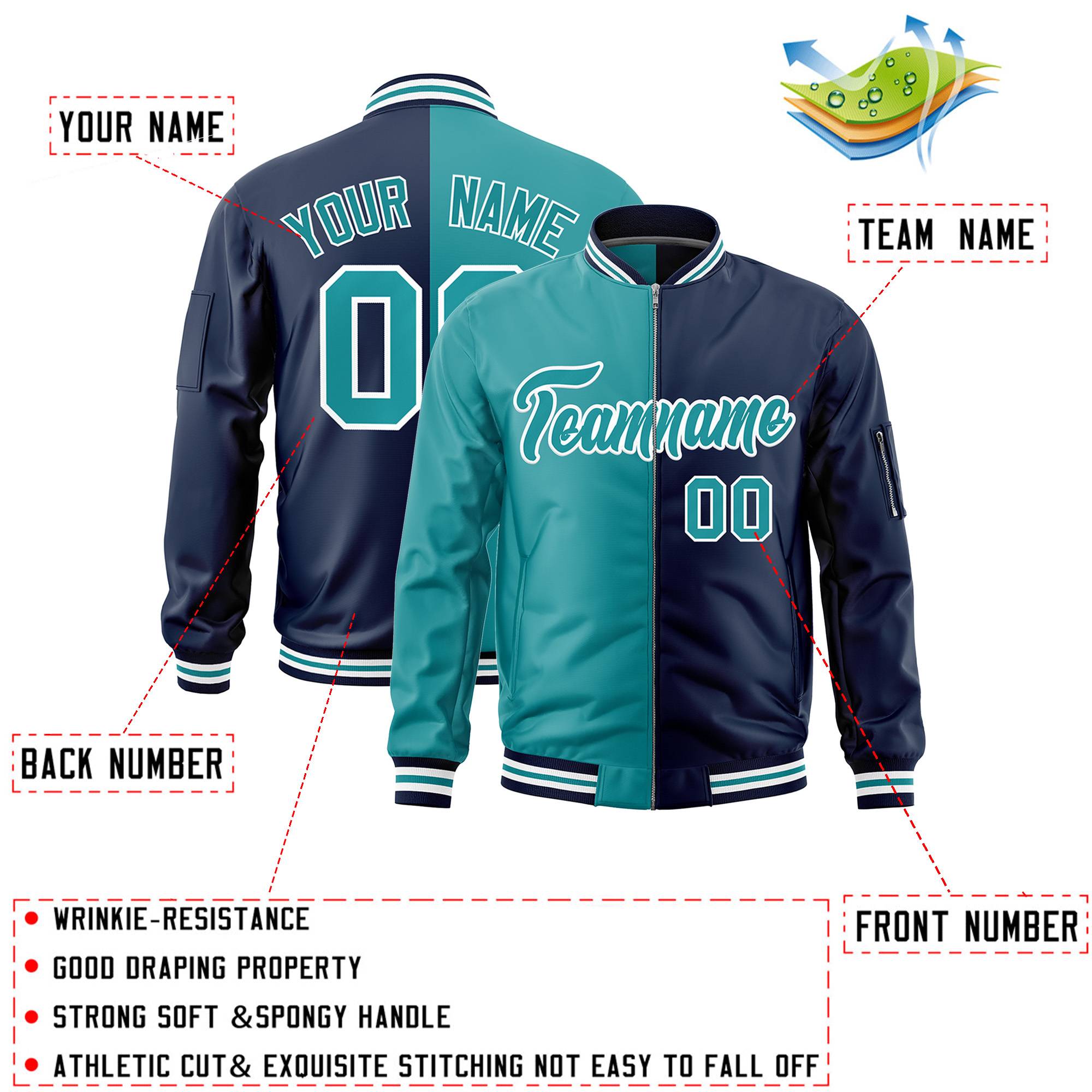 Custom Aqua Navy Split Varsity Full-Zip Two Tone Letterman Bomber Jacket