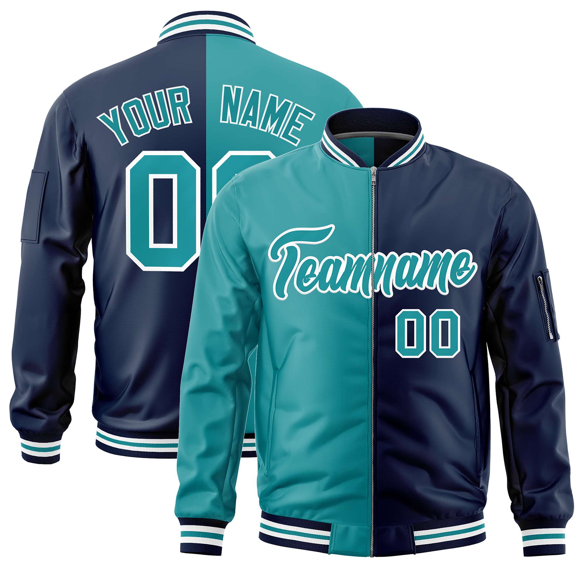 Custom Aqua Navy Split Varsity Full-Zip Two Tone Letterman Bomber Jacket