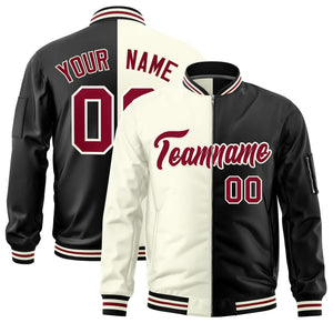 Custom Cream Black Split Varsity Full-Zip Two Tone Letterman Bomber Jacket