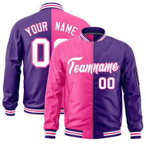 Custom Pink Purple Split Varsity Full-Zip Two Tone Letterman Bomber Jacket