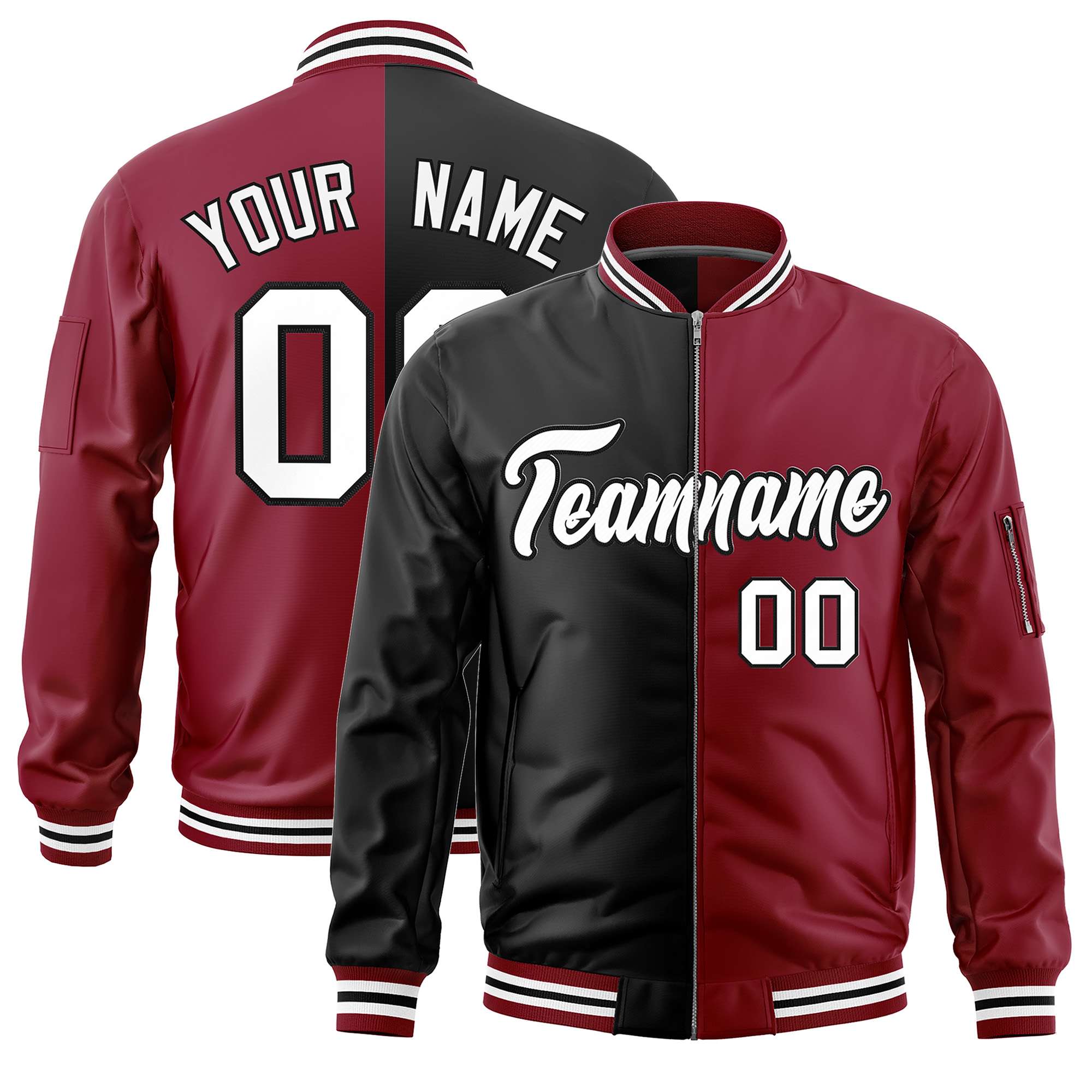 Custom Black Crimson Split Varsity Full-Zip Two Tone Letterman Bomber Jacket