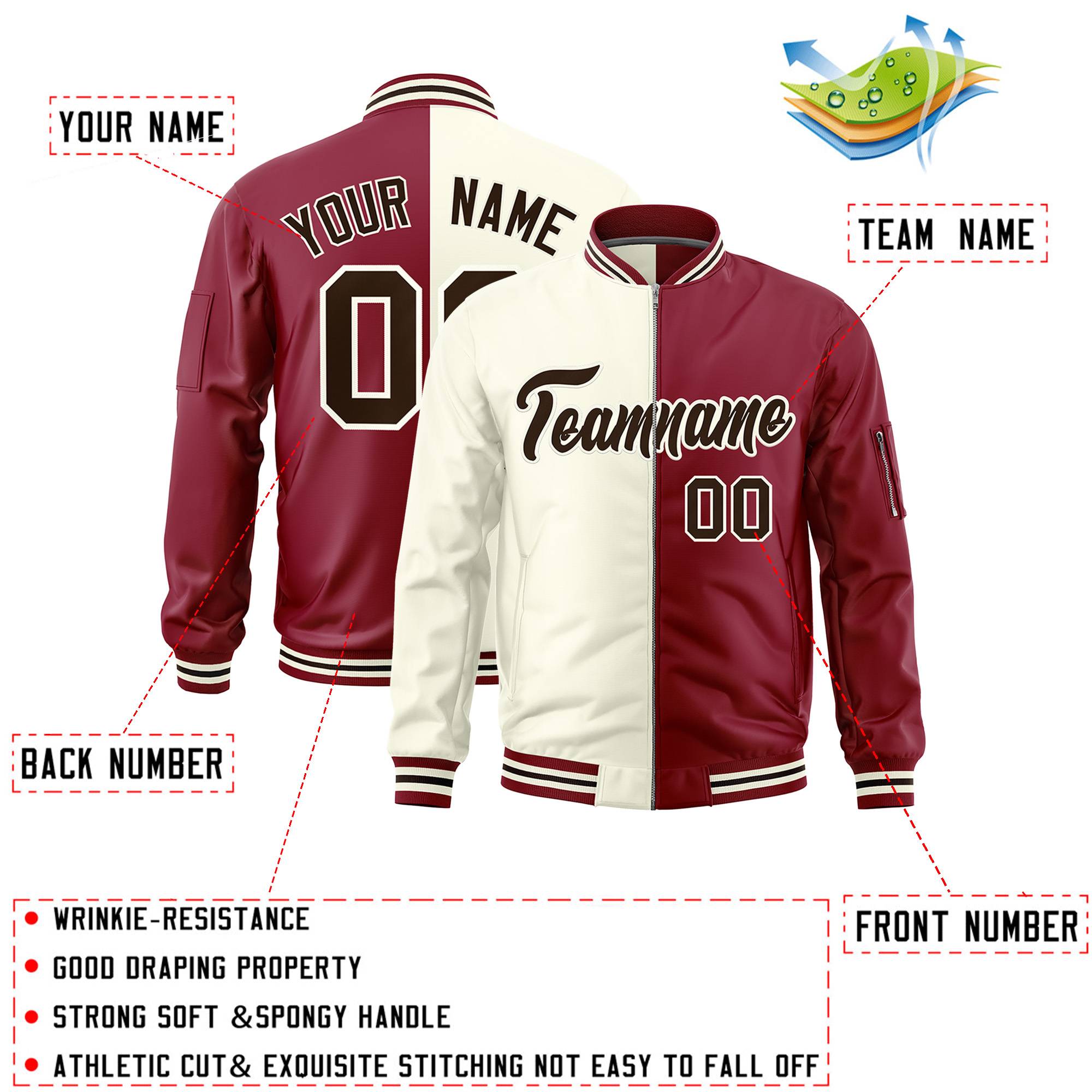 Custom Cream Crimson Split Varsity Full-Zip Two Tone Letterman Bomber Jacket