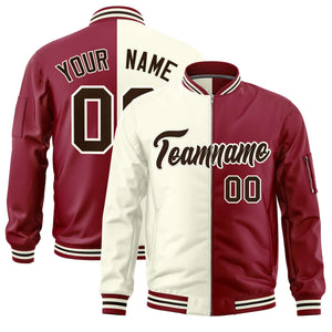 Custom Cream Crimson Split Varsity Full-Zip Two Tone Letterman Bomber Jacket