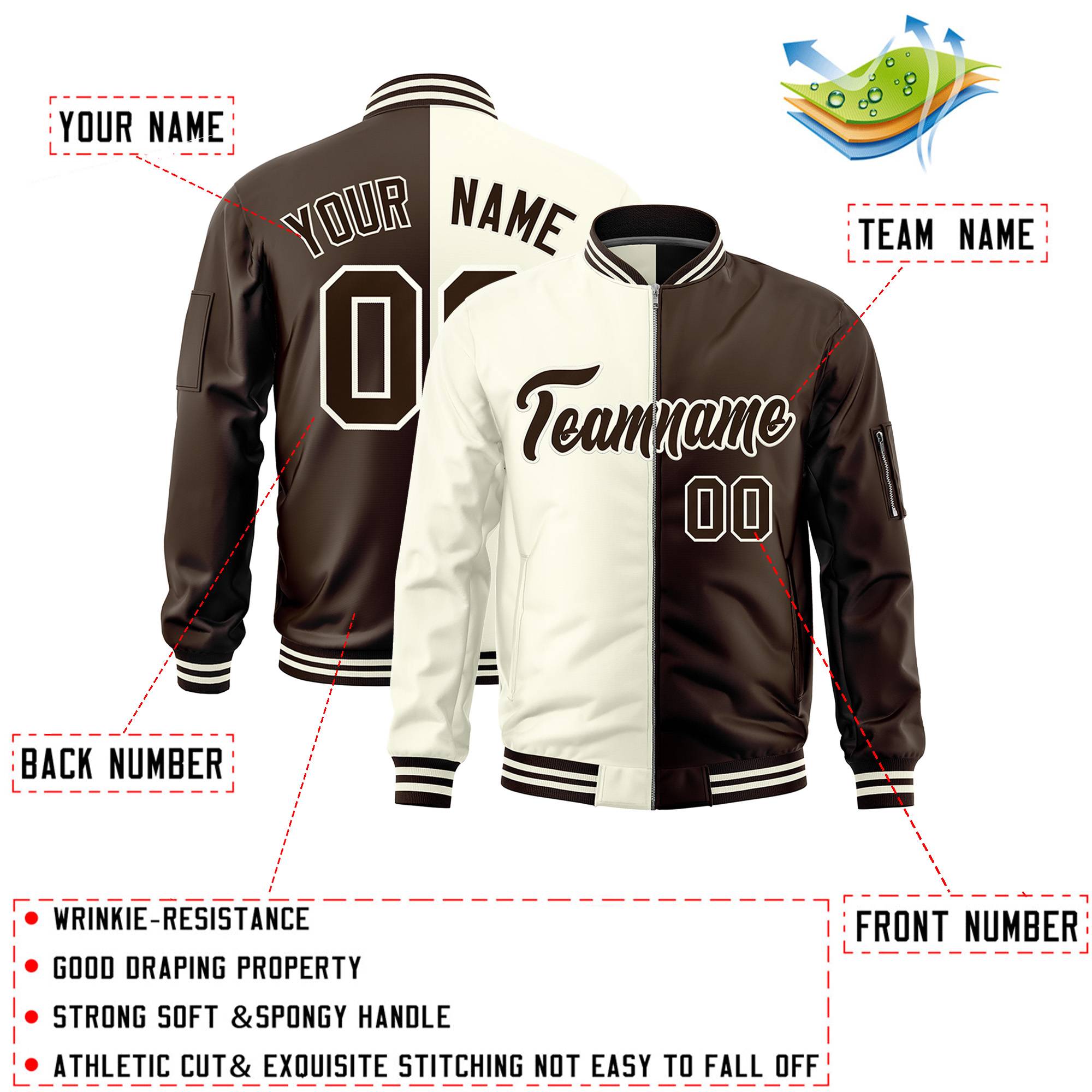 Custom Cream Brown Split Varsity Full-Zip Two Tone Letterman Bomber Jacket