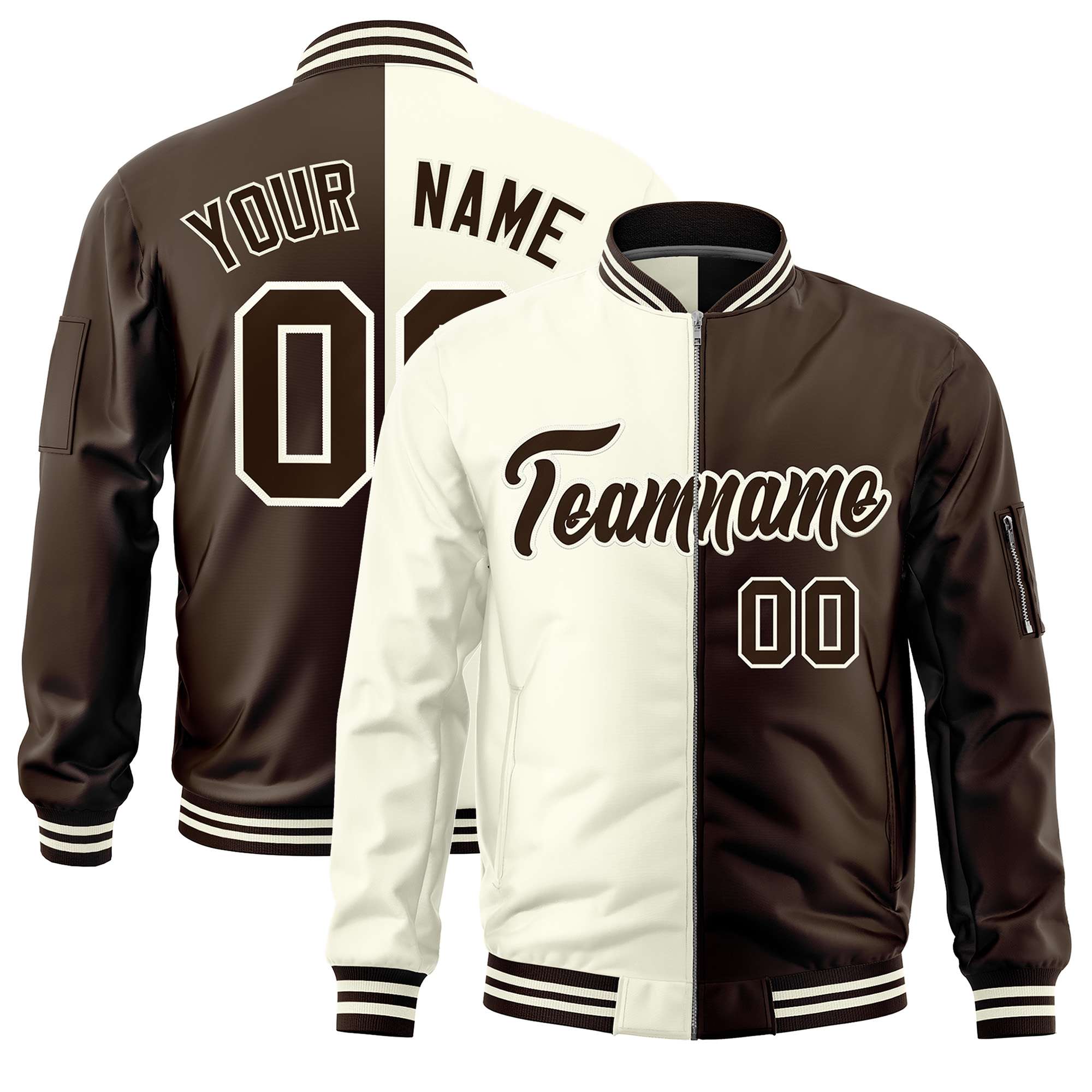 Custom Cream Brown Split Varsity Full-Zip Two Tone Letterman Bomber Jacket