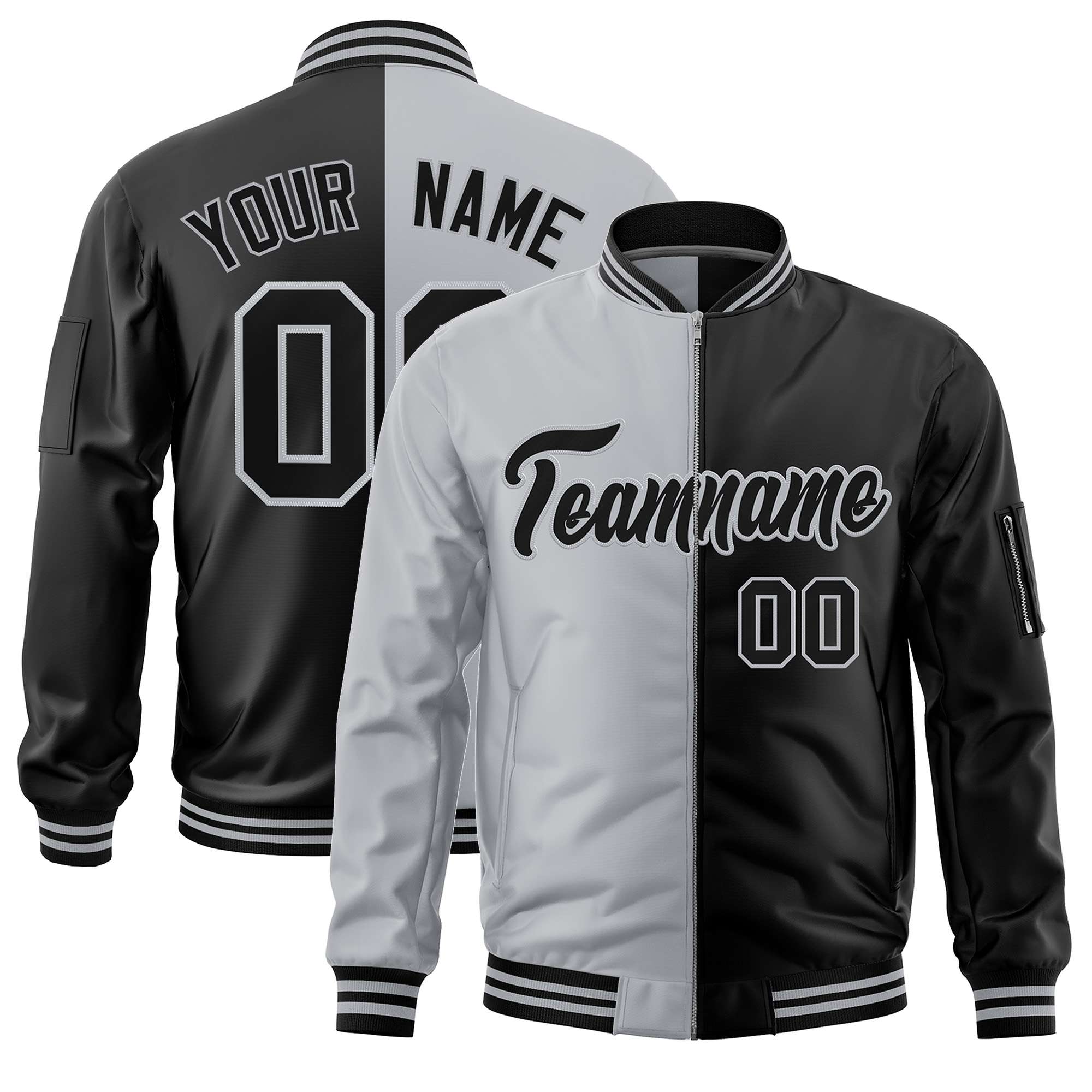 Custom Gray Black Split Varsity Full-Zip Two Tone Letterman Bomber Jacket