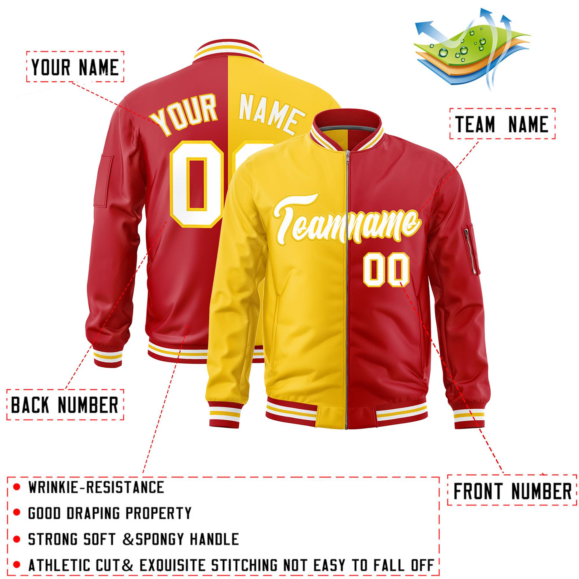 Custom Gold Red Split Varsity Full-Zip Two Tone Letterman Bomber Jacket