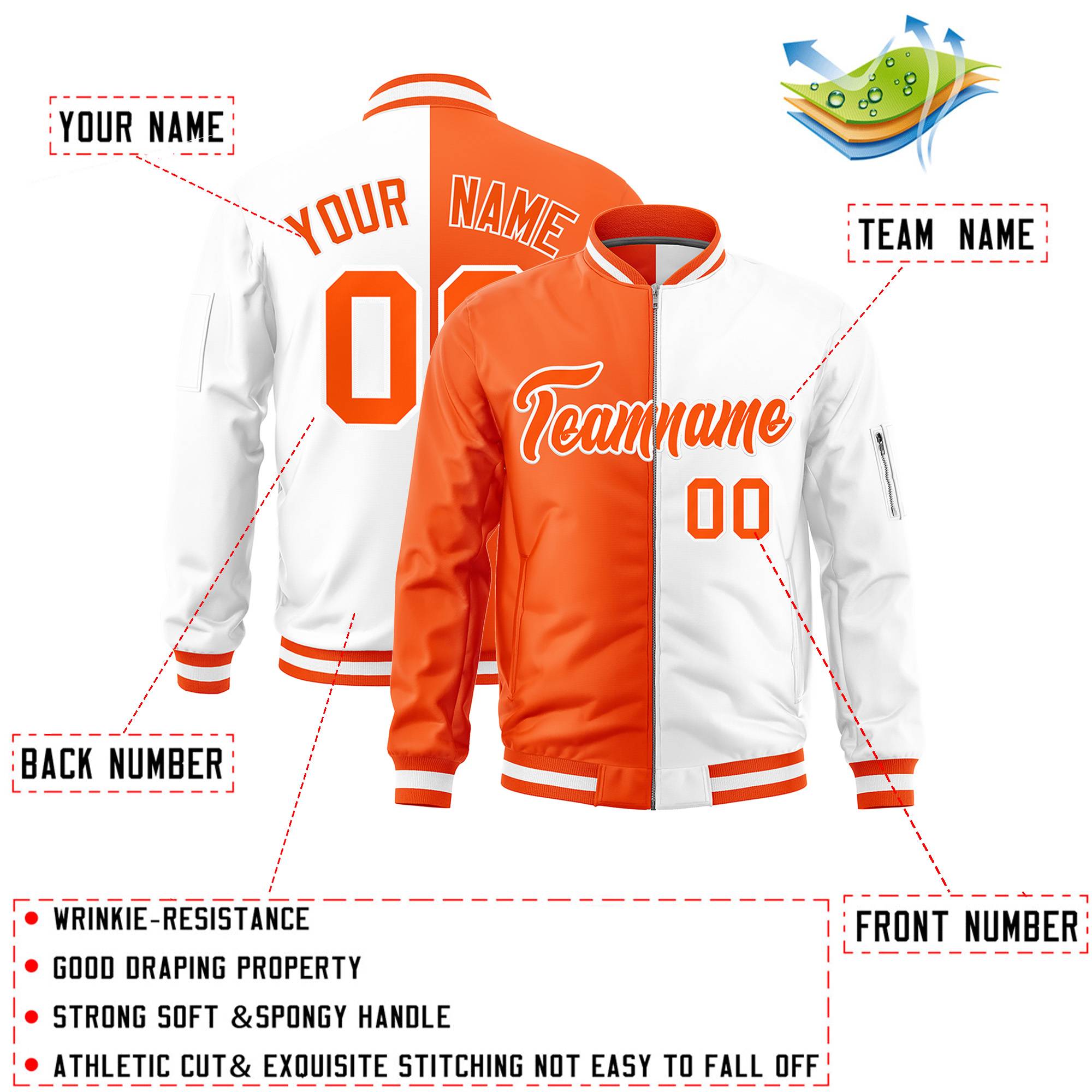 Custom Orange White Split Varsity Full-Zip Two Tone Letterman Bomber Jacket