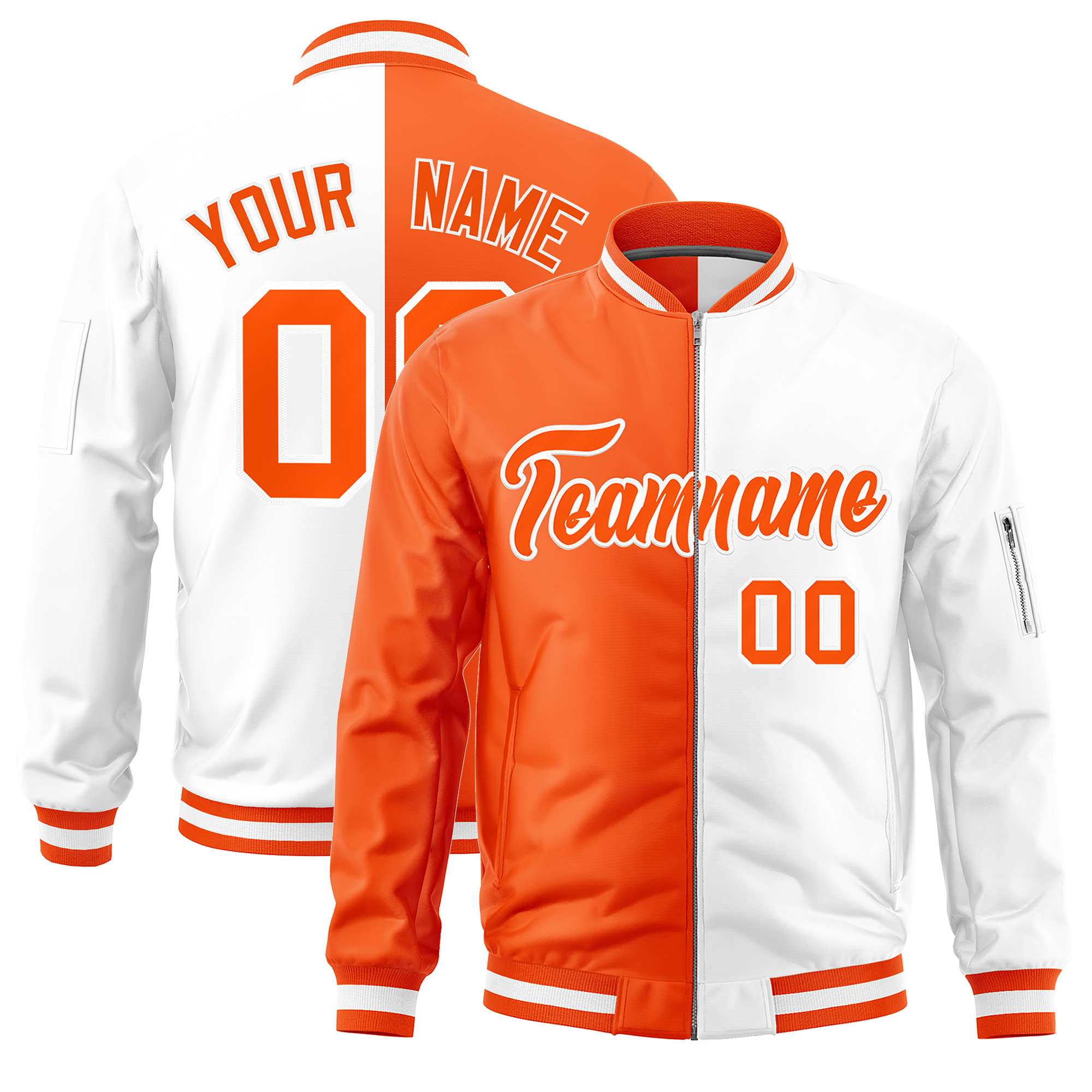 Custom Orange White Split Varsity Full-Zip Two Tone Letterman Bomber Jacket