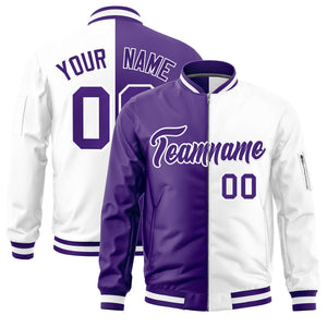 Custom Purple White Split Varsity Full-Zip Two Tone Letterman Bomber Jacket