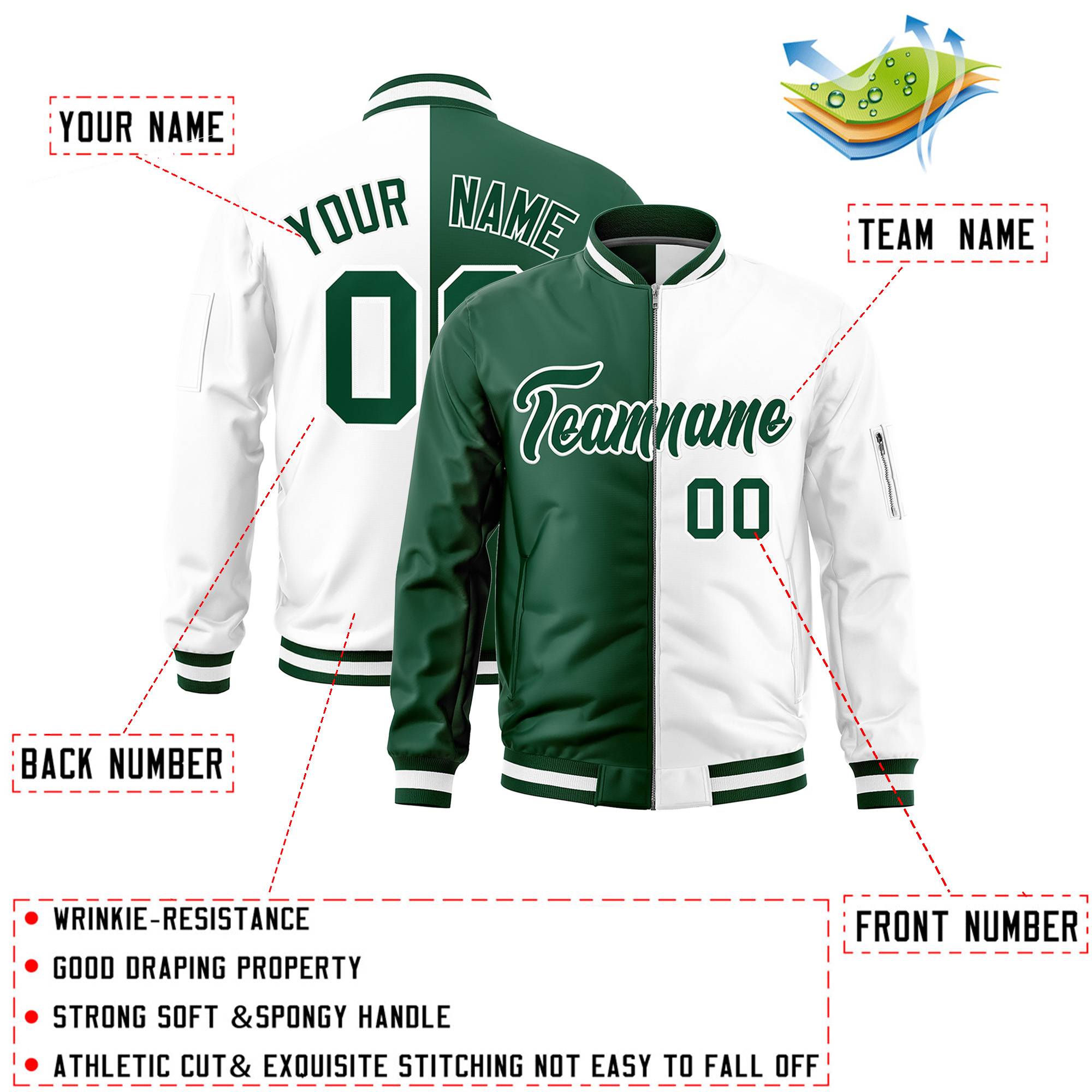 Custom Green White Split Varsity Full-Zip Two Tone Letterman Bomber Jacket