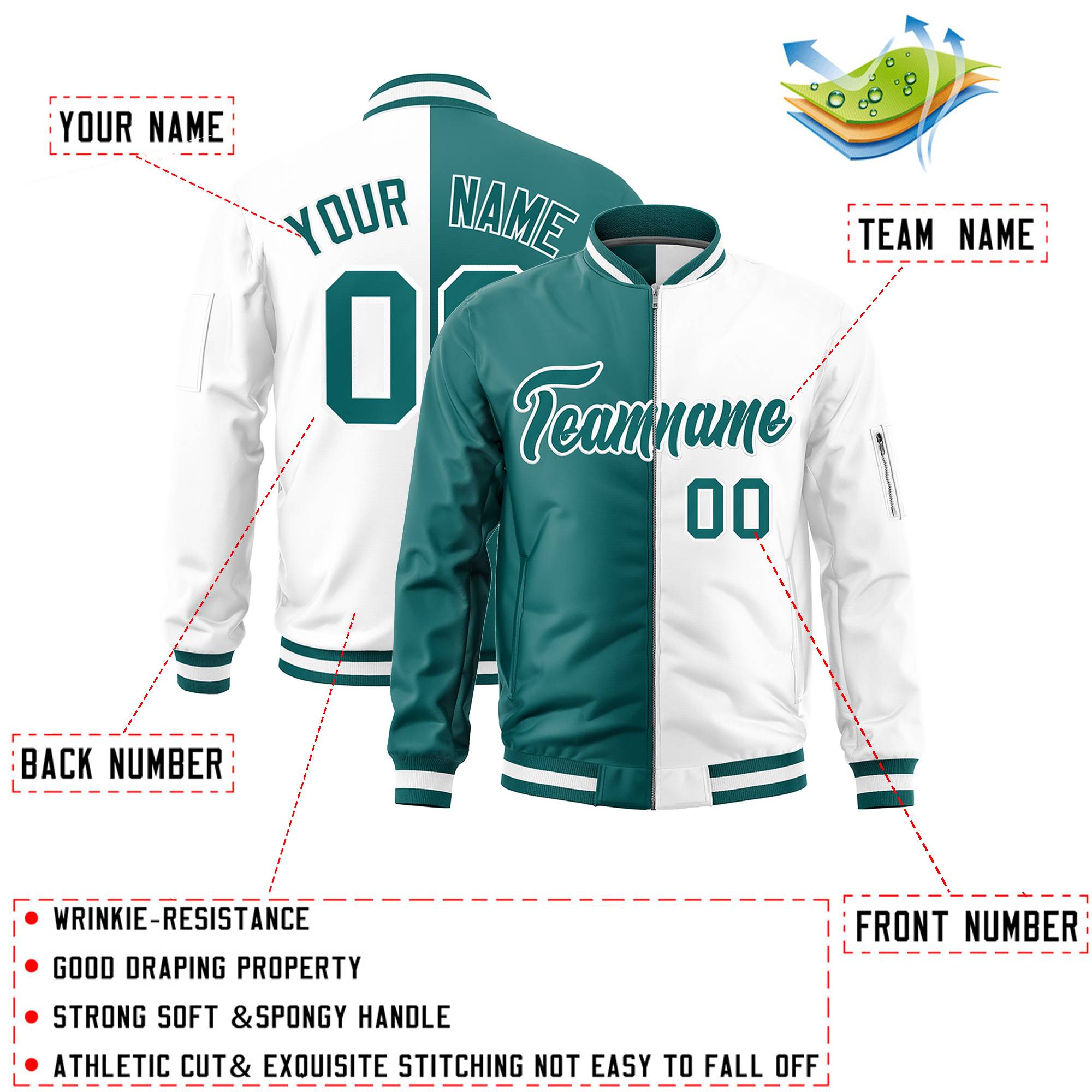 Custom Aqua White Split Varsity Full-Zip Two Tone Letterman Bomber Jacket