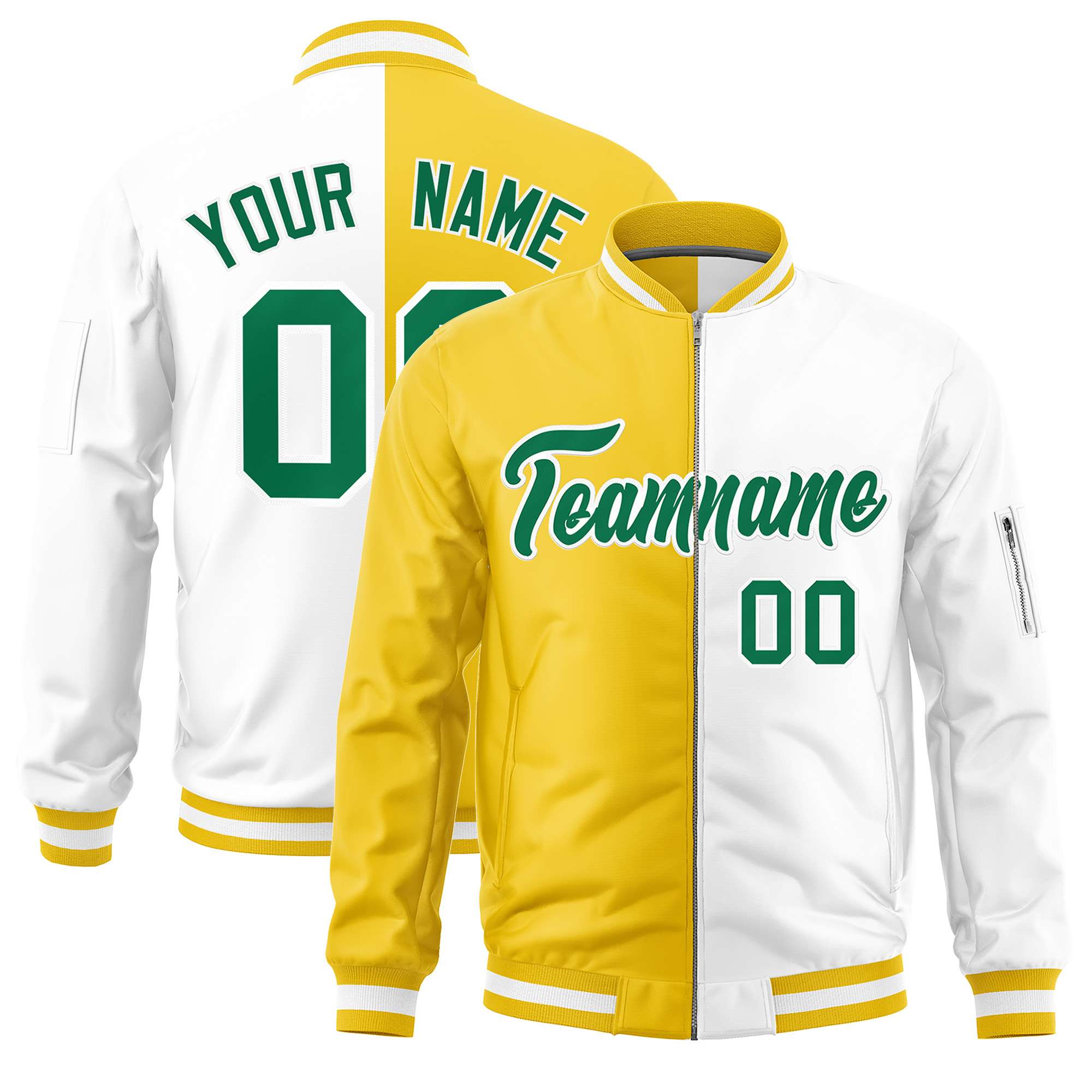 Custom Gold White Split Varsity Full-Zip Two Tone Letterman Bomber Jacket