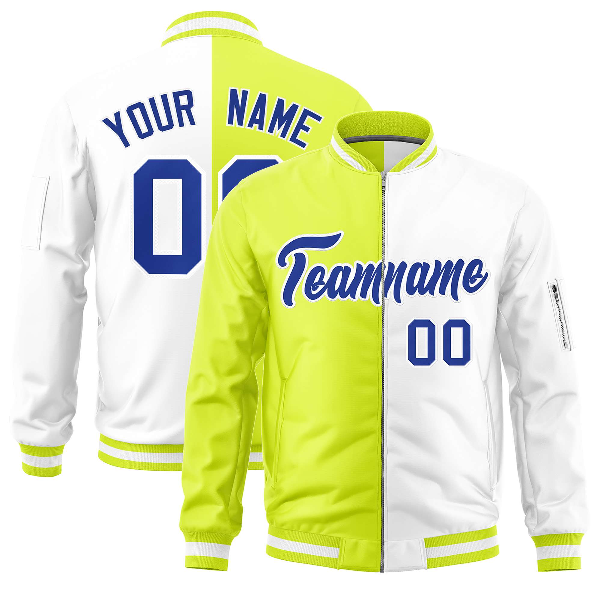 Custom Fluorescent Green White Split Varsity Full-Zip Two Tone Letterman Bomber Jacket