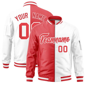 Custom Light Red White Split Varsity Full-Zip Two Tone Letterman Bomber Jacket