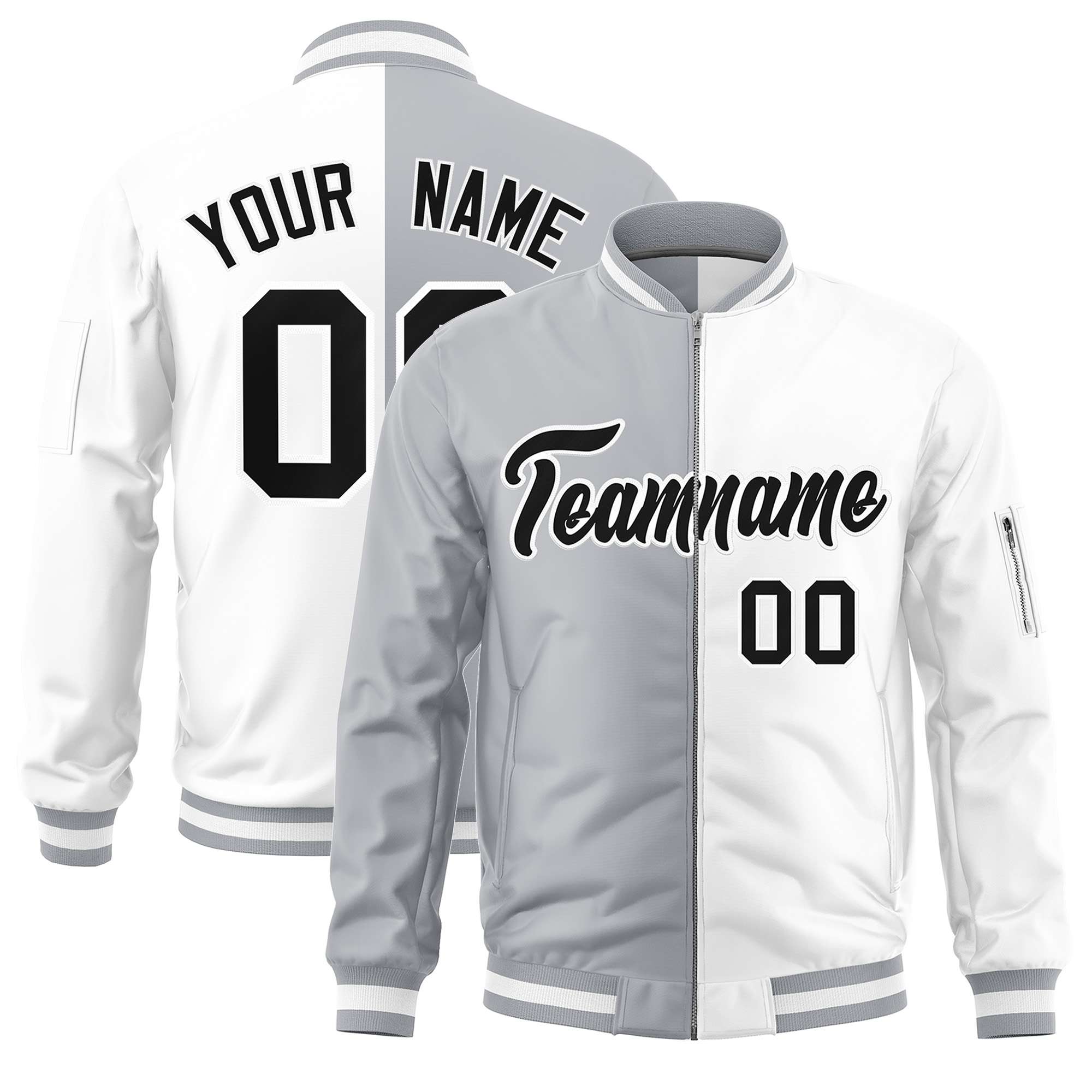 Custom Gray White Split Varsity Full-Zip Two Tone Letterman Bomber Jacket