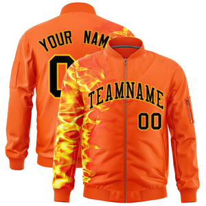 Custom Orange 3D Flame Varsity Full-Zip Letterman Bomber Jacket