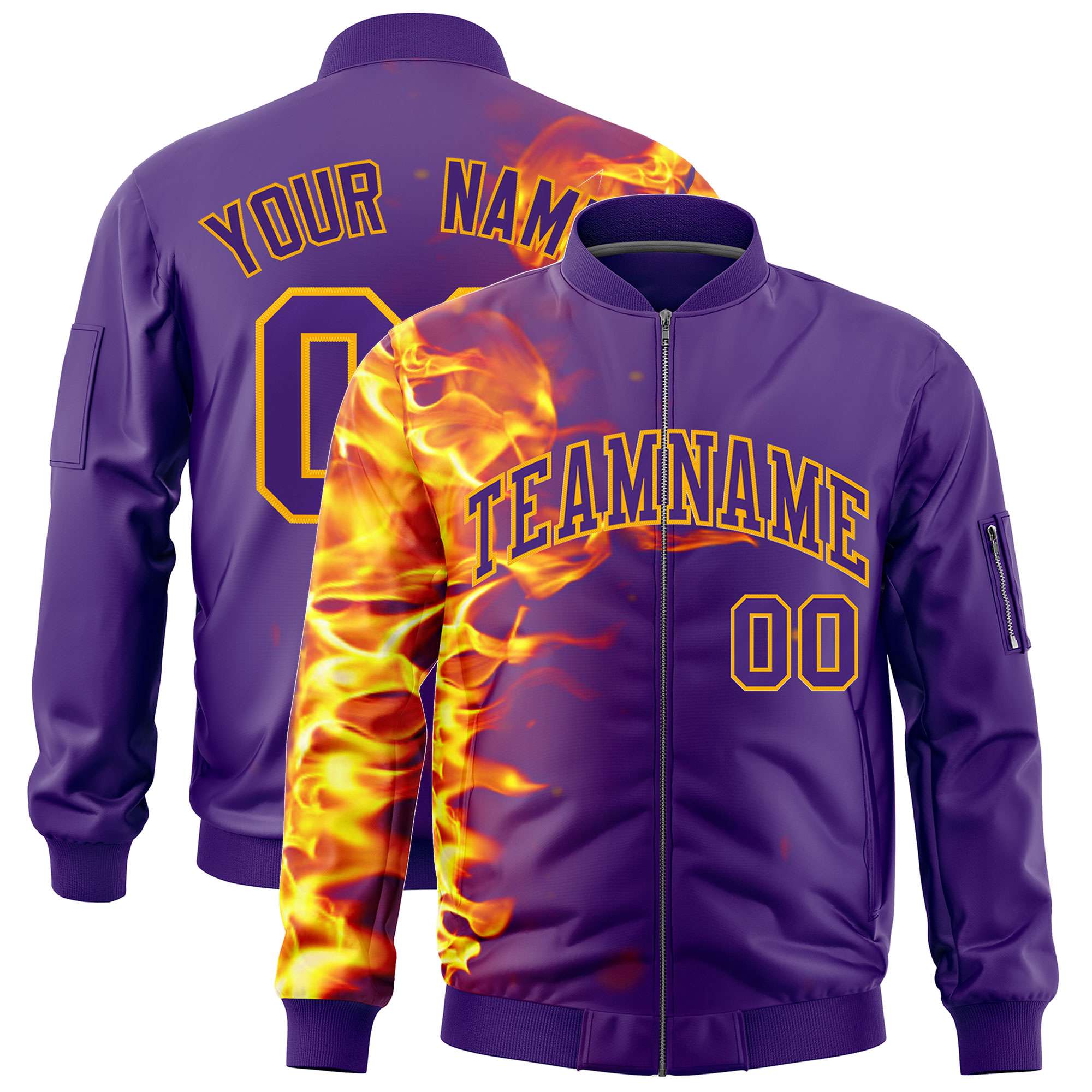 Custom Purple 3D Flame Varsity Full-Zip Letterman Bomber Jacket