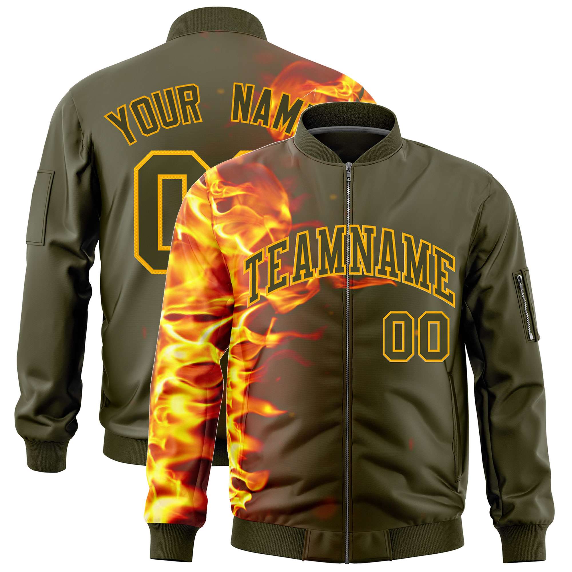 Custom Olive 3D Flame Varsity Full-Zip Letterman Bomber Jacket