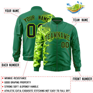 Custom Kelly Green 3D Flame Varsity Full-Zip Letterman Bomber Jacket